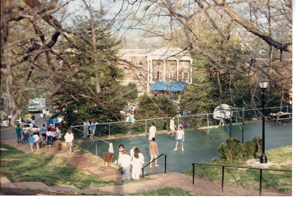This photograph depicts a group of people playing basketball on a green court, which is located outside in a woody area. 