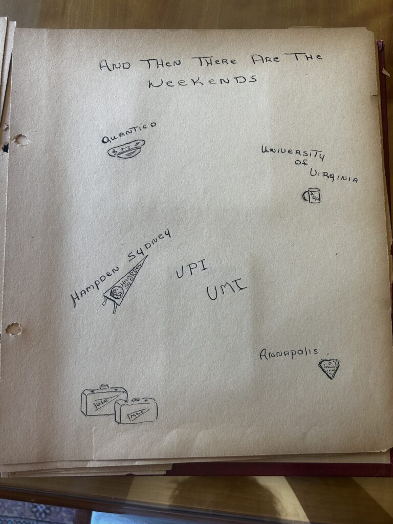 This handwritten scrapbook page is titled "And Then There Are The Weekends" and features several doodles representing different travel destinations. The illustrations include a pennant for Hampden-Sydney, suitcases labeled with initials, and the names of locations like Quantico, Annapolis, and the University of Virginia.