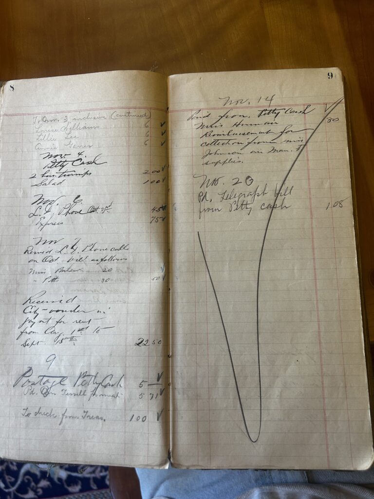 An open vintage ledger displays handwritten financial entries in cursive script across two numbered pages, detailing petty cash expenses and reimbursements for items like salad, postage, and telegraph bills. The weathered, lined paper includes dates from November, monetary amounts in columns, and several large checkmarks drawn over the entries to indicate completion.