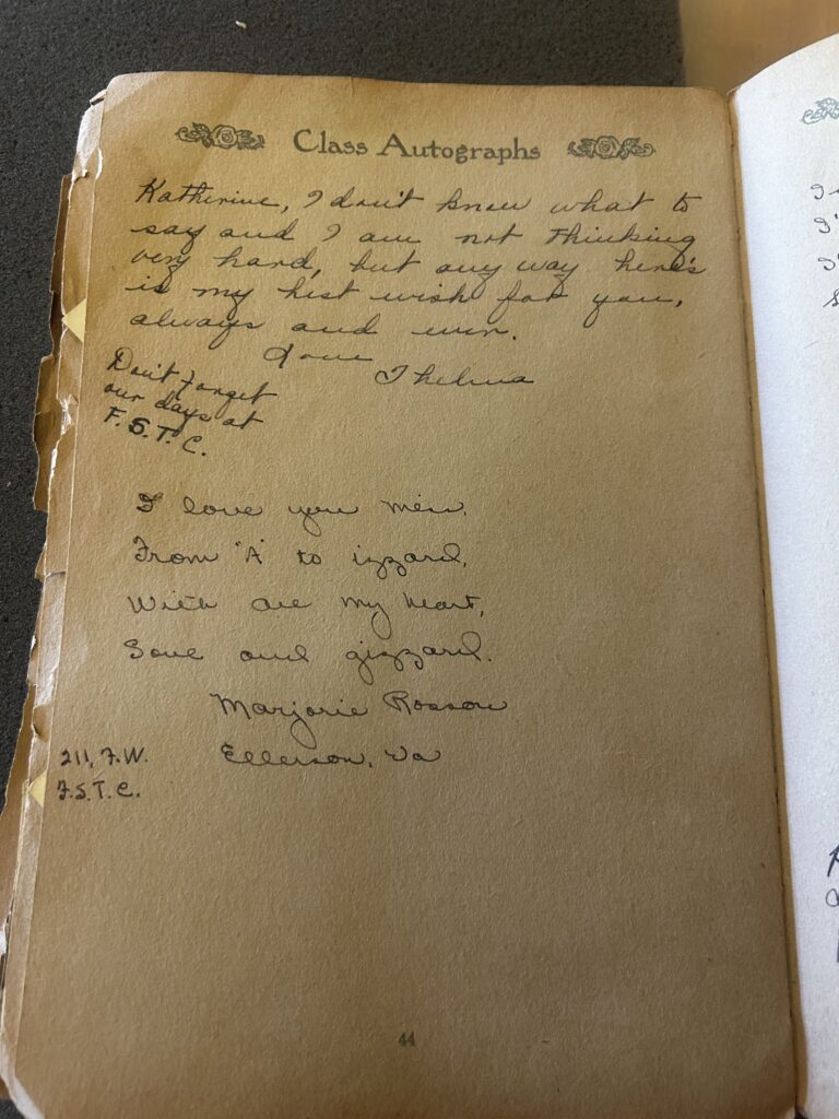This "Class Autographs" page from a vintage memory book contains two handwritten notes addressed to Katherine, written in flowing cursive. The entries include a sincere well-wish from Thelma and a humorous rhyming poem by Marjorie Rosson of Ellerson, Virginia, both mentioning their shared days at "F.S.T.C."