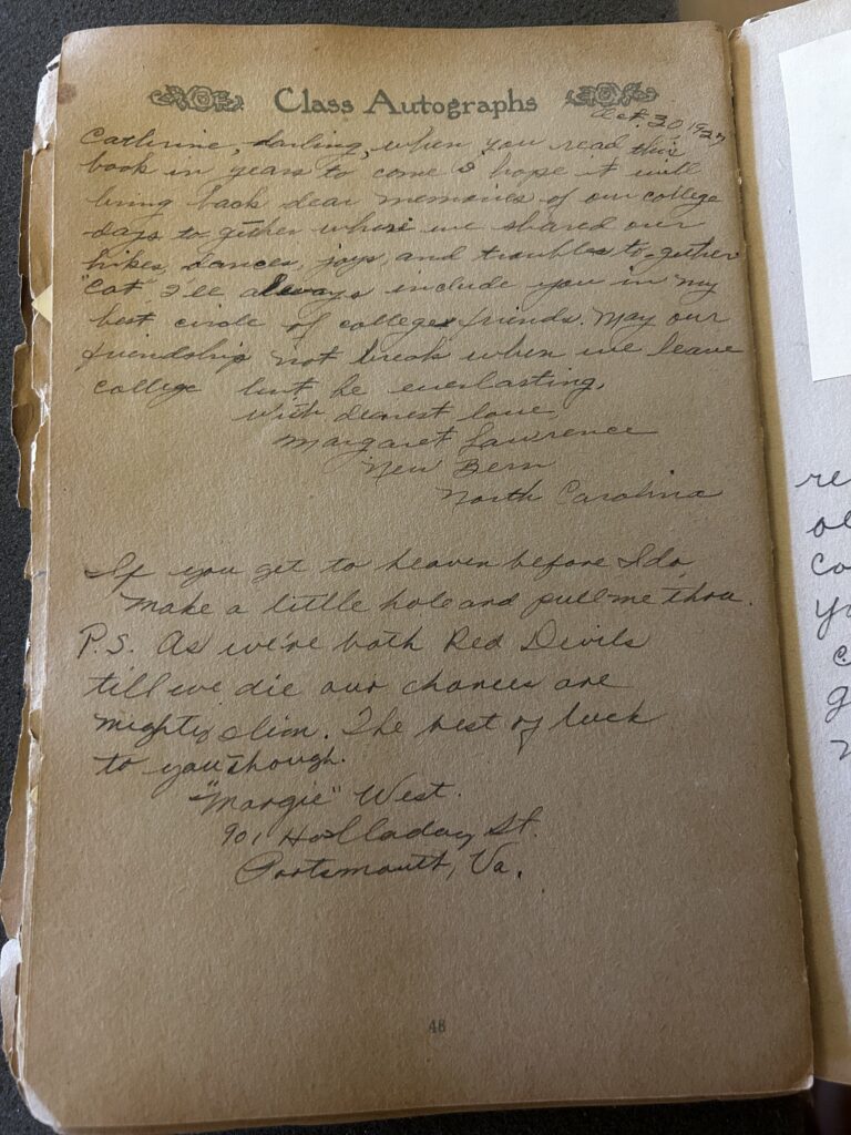 This vintage "Class Autographs" page, dated October 30, 1927, features a sentimental message from Margaret Lawrence of New Bern, North Carolina, reflecting on shared college memories. Below it, a humorous entry by "Margie" West of Portsmouth, Virginia, jokes about their "mighty slim" chances of getting into heaven since they are both "Red Devils."